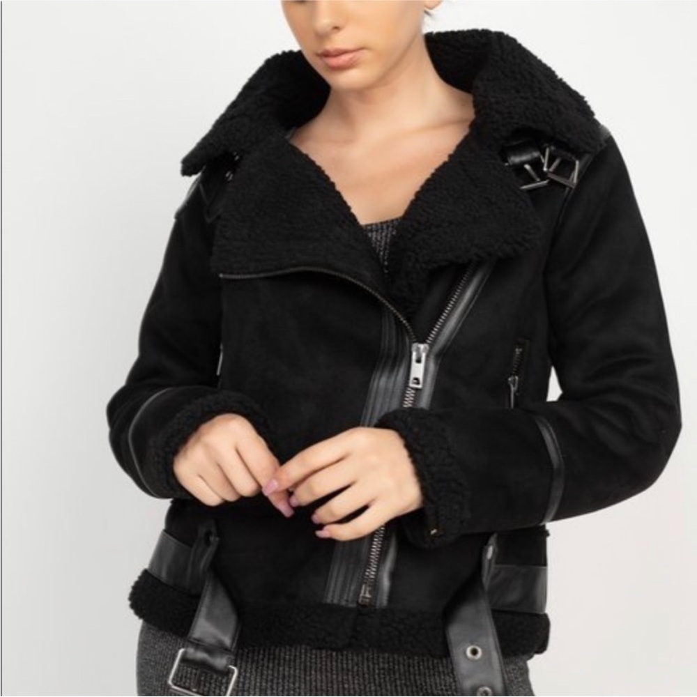 Shearling biker coat with faux shearling trim